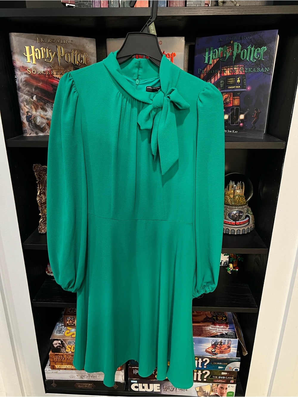 Maggy London Teal Green Long-Sleeve Tie-Neck Dress